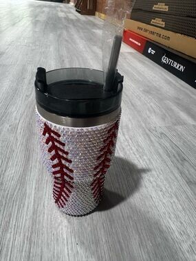 Glitter Baseball Rhinestone Travel Tumbler with Straw - White & Red